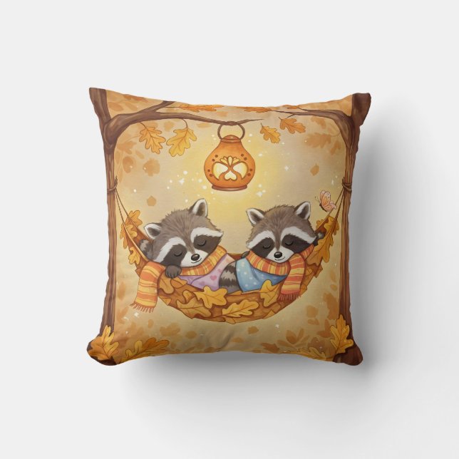 In the Hammock, Raccoons Throw Pillow (Front)