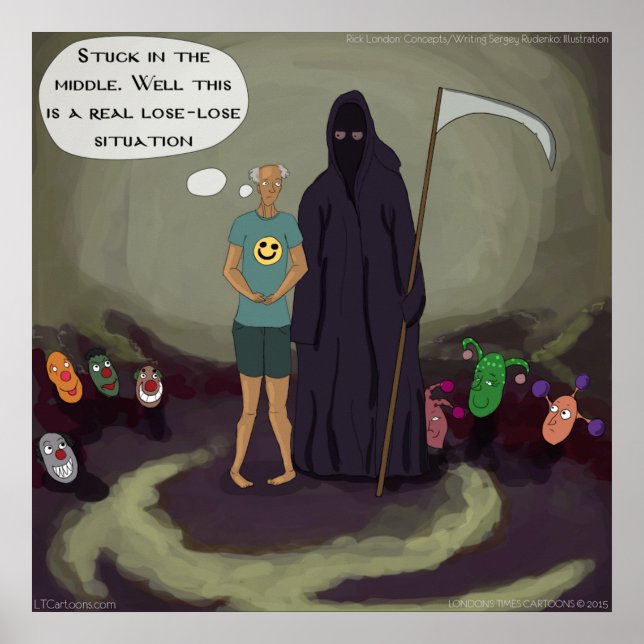 In The Middle Funny Grim Reaper & Clown Poster (Front)