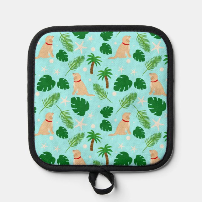 In the Ocean Blue Tropical Golden Pup Pot Holder (Front)