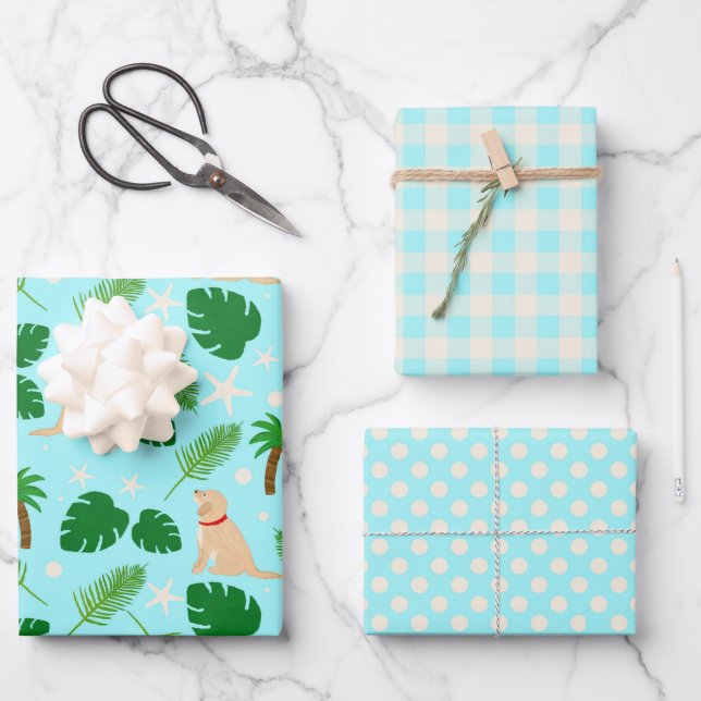 In the Ocean Blue Tropical Pups Gift Wrap Set of 3 (Front)