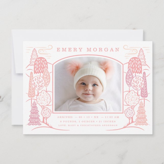 In The Tree Top Birth Announcement Pink (Front)