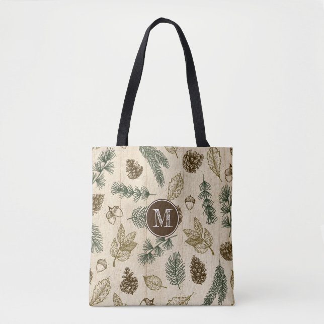 In the woods forest rustic evergreen sprigs cones tote bag (Front)
