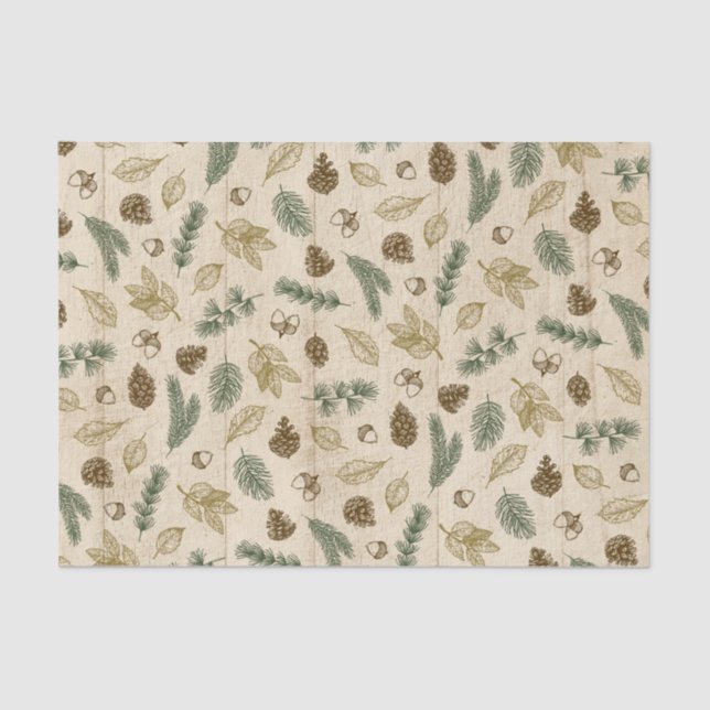 in the woods rustic leaves twigs pinecones pattern tissue paper (Front)