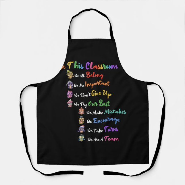 In This Classroom We All Really Belong Owl Teacher Apron (Front)