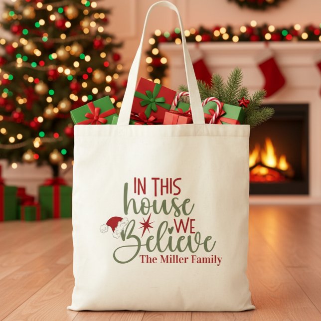 In This House We Believe Personalized Christmas Tote Bag (In This House We Believe Custom Christmas Tote Bag - Add Your Name, Family Name or Special Text)