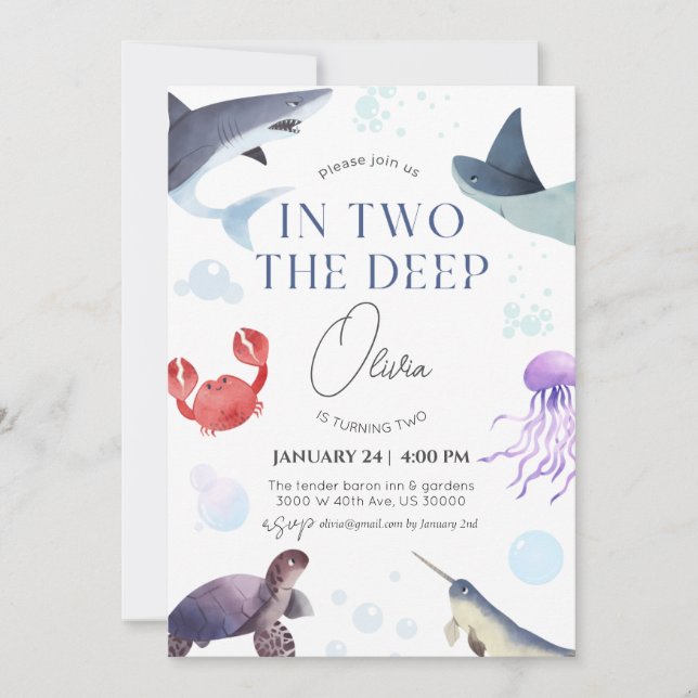 In two the deep, underwater 2nd birthday  invitation (Front)