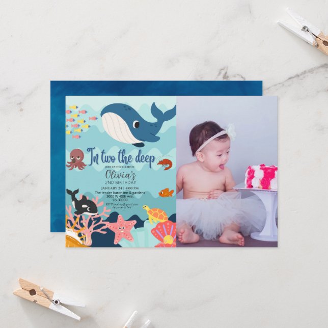 In two the deep, underwater 2nd birthday  invitation (Front/Back In Situ)