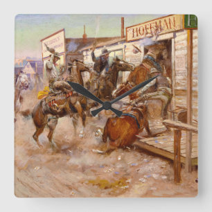 In Without Knocking, 1909 by Charles M Russell Square Wall Clock