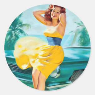 In Yellow Dress Pin Up Classic Round Sticker
