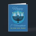 In Your New Home First Hanukkah Menorah on Blue Card<br><div class="desc">A First Hanukkah in your new home is a special celebration. This card will honour that gift. Blue backgrounds enhances the message. Lighting the centre is a menorah of various colours of blue and white.</div>