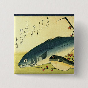 Inada & Fugu - Hiroshige's Japanese Fish Print But 2 Inch Square Button