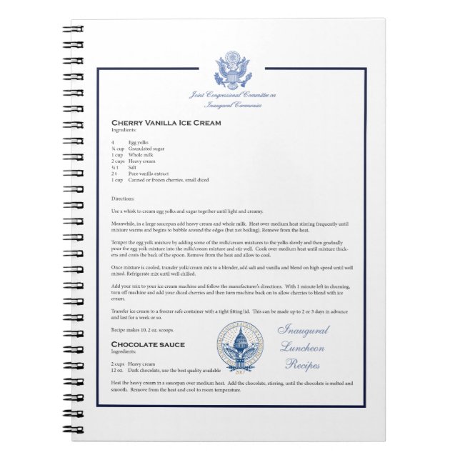Inaugural Luncheon Recipe Cherry Vanilla Ice Cream Notebook (Front)