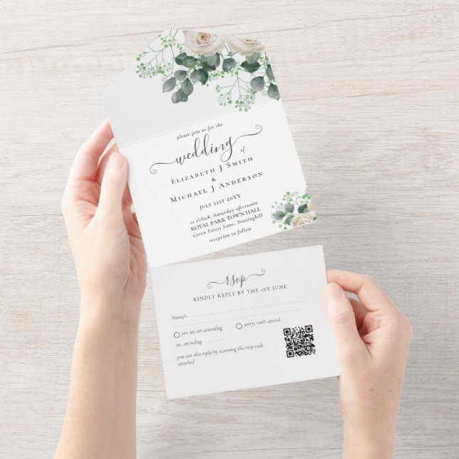 Inclusive White Roses Sage Leaves Wedding RSVP  All In One Invitation (Tearaway)