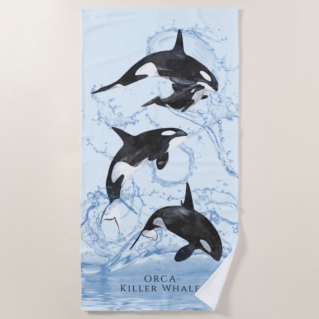 Incredible Black and White Watercolor Orcas Beach Towel (Front)