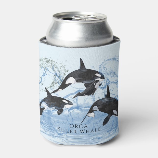 Incredible Black and White Watercolor Orcas Can Cooler (Can Front)