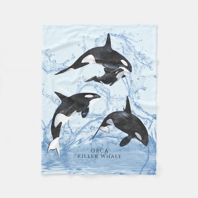 Incredible Black and White Watercolor Orcas Fleece Blanket (Front)