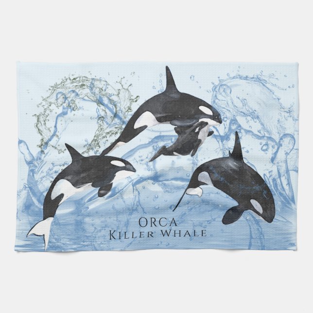 Incredible Black and White Watercolor Orcas Kitchen Towel (Horizontal)