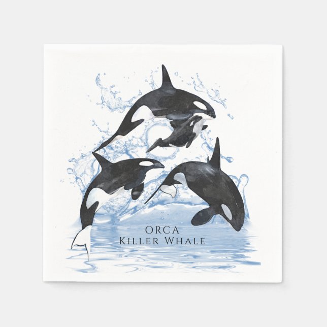 Incredible Black and White Watercolor Orcas Napkin (Front)