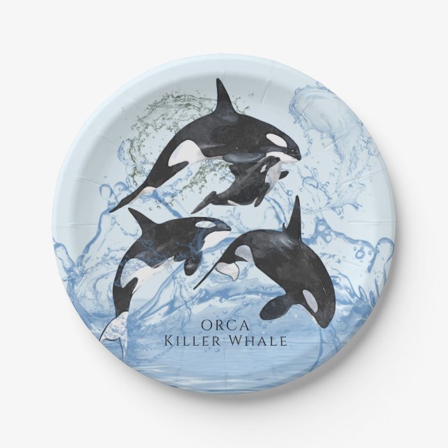 Incredible Black and White Watercolor Orcas Paper Plate (Front)