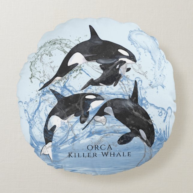 Incredible Black and White Watercolor Orcas Round Pillow (Front)