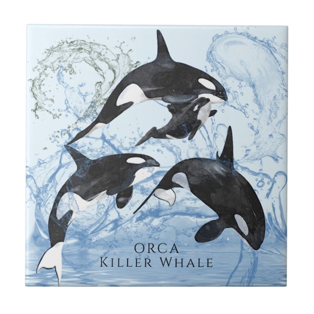 Incredible Black and White Watercolor Orcas Tile (Front)