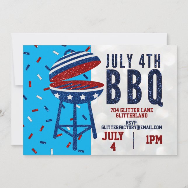 Independence Day BBQ July 4 Glitter Invitation (Back)