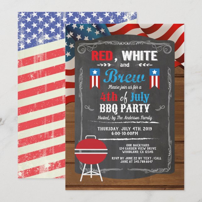 Independence Day BBQ party invite. 4th of July Invitation (Front/Back)