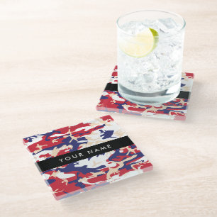 Independence day Camouflage Your name Personalize Glass Coaster