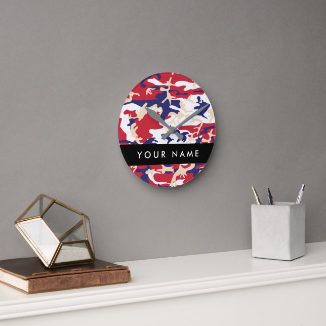 Independence day Camouflage Your name Personalize Round Clock (Office)