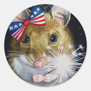 Independence Day Field Mouse No. 1 Watercolor Art Classic Round Sticker
