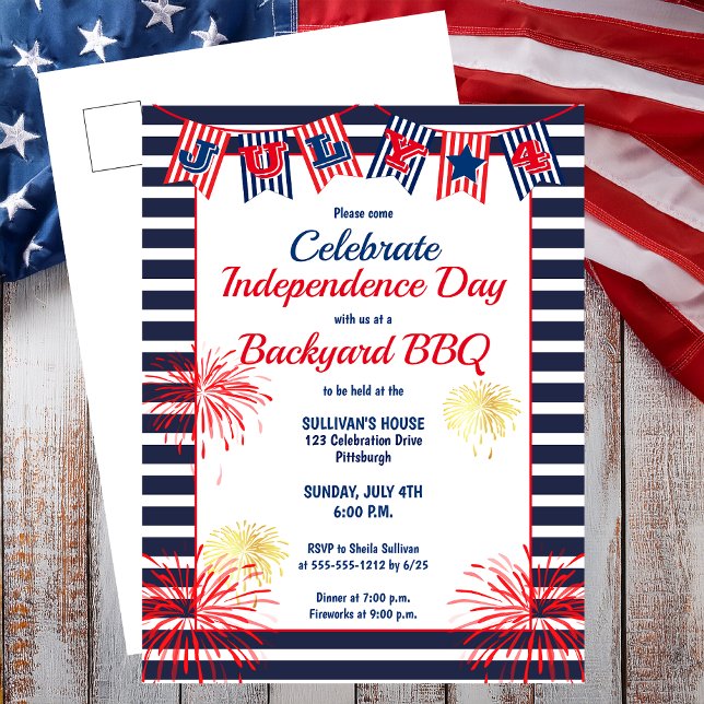 Independence Day July 4th Bunting Backyard BBQ  In Postcard (Independence Day July 4th Bunting Backyard BBQ Postcard Invitation)
