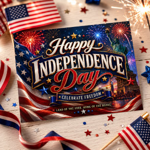 Independence Day Statue Liberty Flag Fireworks USA Postcard