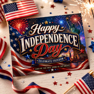 Independence Day Statue Liberty Flag Fireworks USA Postcard