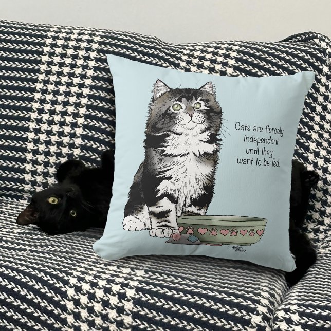 Independent Grey Tabby Blue Cute Funny Cat Throw Pillow (Creator Uploaded)