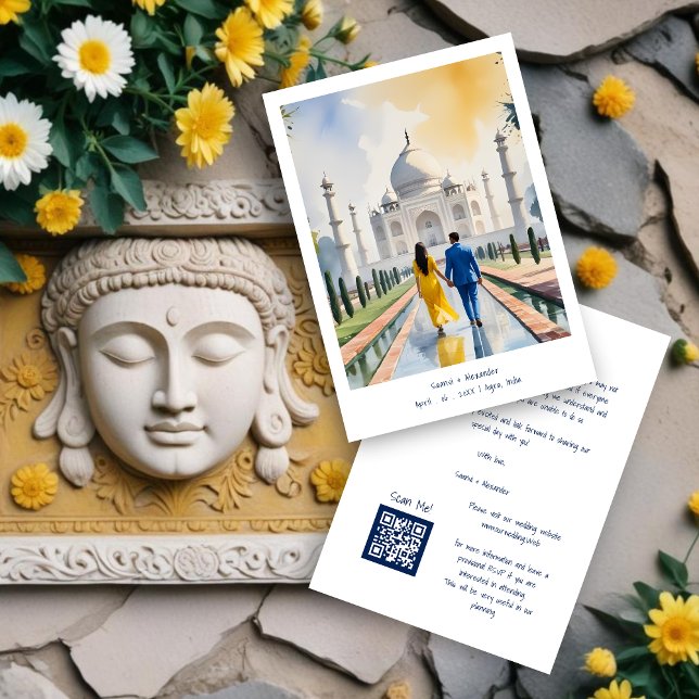 India Agra Taj Mahal Romantic Cityscape Wedding Co Save The Date (India Agra Taj Mahal Romantic Cityscape Wedding Couple Illustration Save the Dates Cards.)
