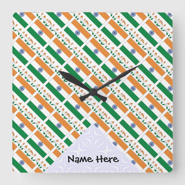 India and Indian Flag Tiled with Your Name Square Wall Clock (Front)