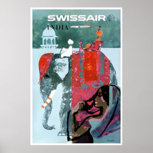 India Art Indian Elephant Print Swissair Travel