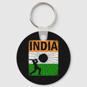 India Cricket With Indian Flag Brush Stroke Ashoka Keychain