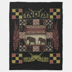 India ethnic patchwork elephants fleece blanket