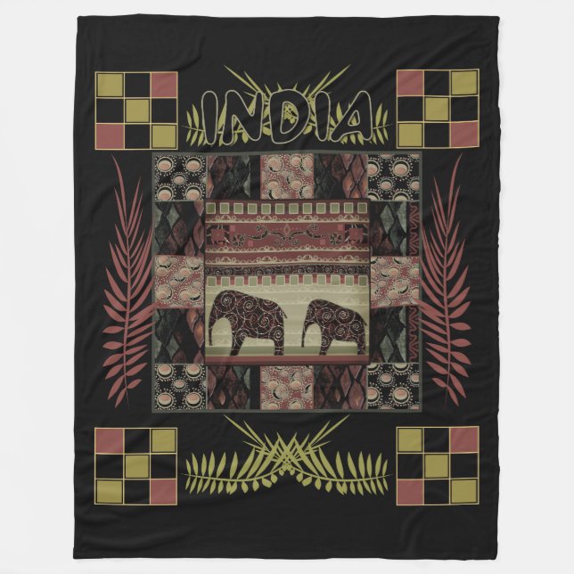 India ethnic patchwork elephants fleece blanket (Front)