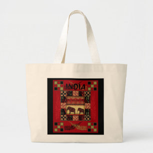 India ethnic patchwork elephants  large tote bag