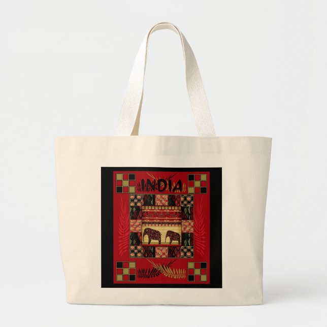 India ethnic patchwork elephants  large tote bag (Front)