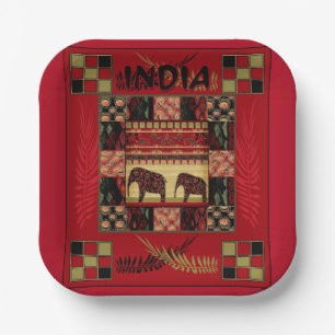 India ethnic patchwork elephants paper plate