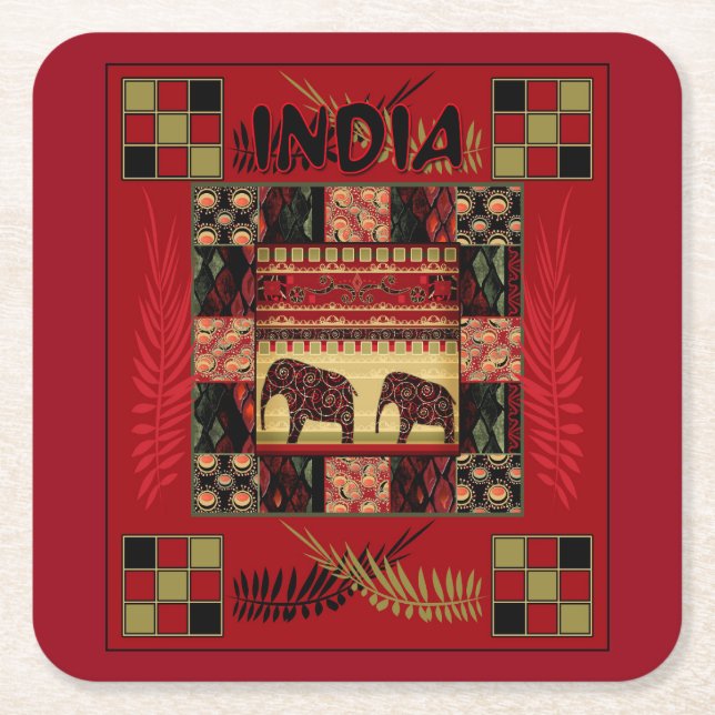 India ethnic patchwork elephants   square paper coaster (Front)