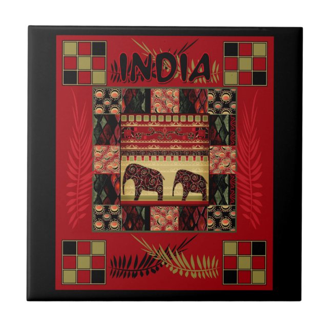 India ethnic patchwork elephants  tile (Front)