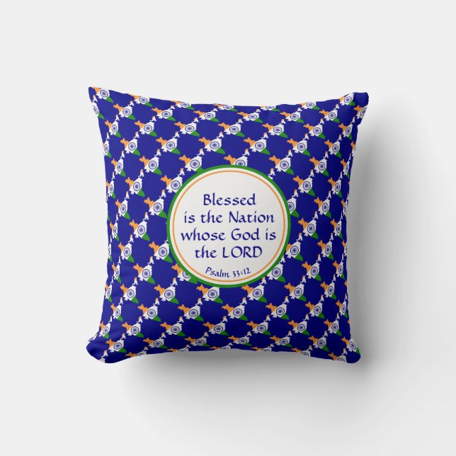 INDIA FLAG Custom BLUE Scripture BLESSED NATION Throw Pillow (Front)