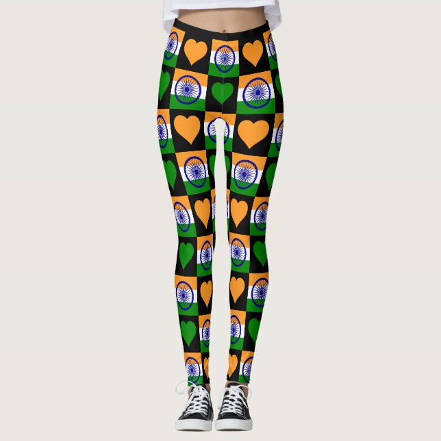India Flag Heart Pattern Cute Patriotic Indian Leggings (Front)