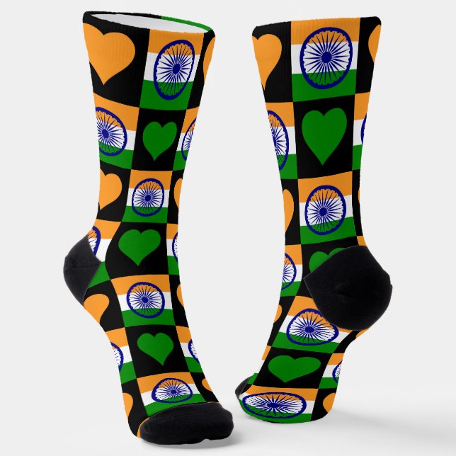 India Flag Heart Pattern Fun Indian Pride Socks (Angled)