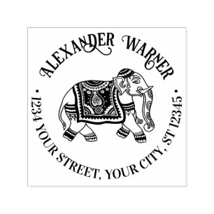 India Mehndi Elephant Name Return Address Self-inking Stamp