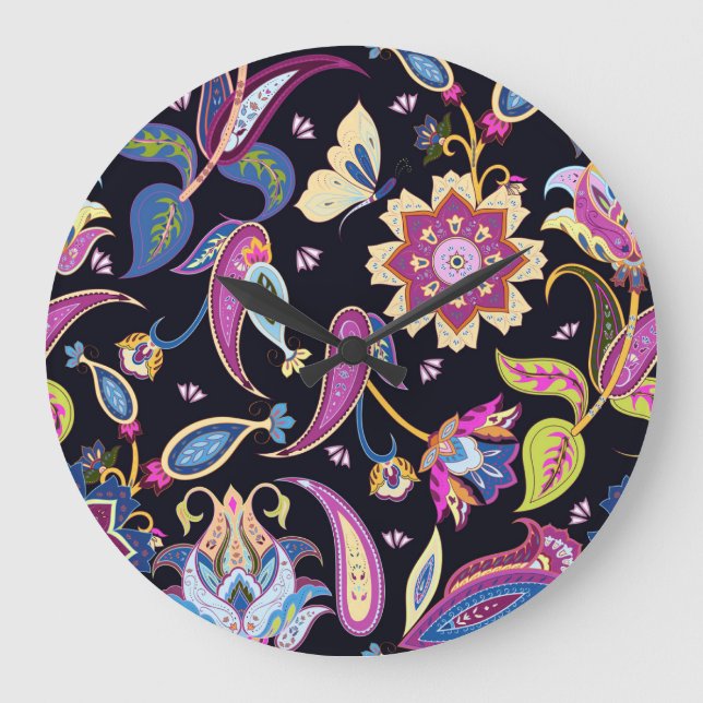India Paisley Seamless Floral Ornament Large Clock (Front)